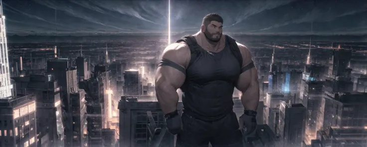 Best quality, masterpiece, ultra high res, detailed background, game_cg, muscular male, mature male, bara stocky, thick arms, thick thighs, Panicked expression, In the night, sunny day,in the city, manhattan,empire state building top,<lyco:GoodHands-beta2:1>, <lyco:NiJiMale_V1:0.5>,from above, full body, full shot, wide shot,(bara:1), (broken:1),35 years old ,very short hair,<lora:Baralora:0.3> <lora:last:0.5> <lora:Hyper Pecs:0.3> <lora:cbp:0.3>,1boy, <lora:Elixir:1>,future style,cyberpunk city,ocean, <lora:AntimatterTech:0.5>,red and blue neon lights,cumulonimbus capillatus,starry sky,comet,