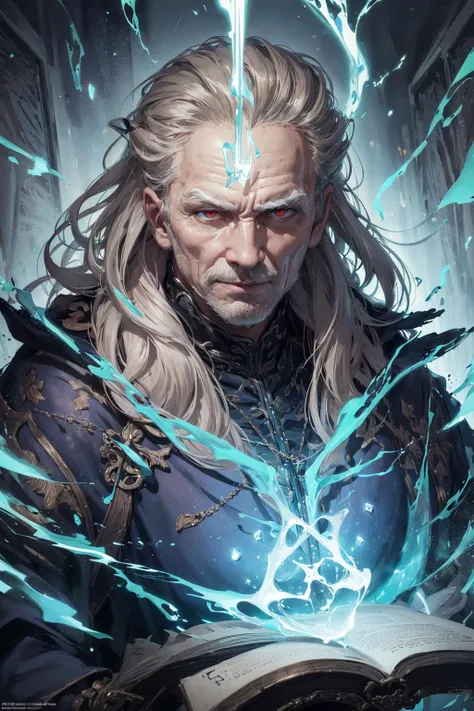 absurdres, highres, (official art, beautiful and aesthetic:1.2), fractal art, lighting effects,
(1man, wrinkled face, old hungarian male:1.2), red eyes, white mutton chops,
(style-swirlmagic:0.8), portrait, looking at viewer, solo, (full body:0.6), detailed background, detailed face, (victorian theme:1.1) evil wizard, tattered light brown magical robes, sinister smirk, green color scheme, dark purple light, study room, bookshelves, glowing magical runes, dark atmosphere, shadows, realistic lighting, floating particles, sparks, surrounded by green lightning <lora:LightningvfxCreateMore_v1:0.1>, casting spell, (thick melting candles:0.8), blue arcane symbols, corrupted by eldritch power, bloom,