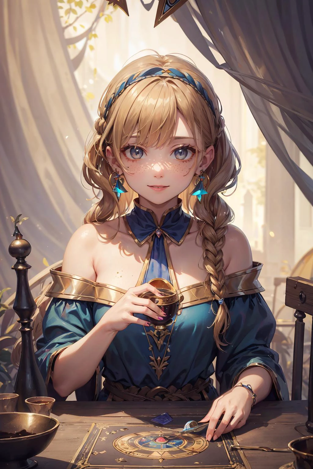 absurdres, highres, (official art, beautiful and aesthetic:1.2), shadow effects, kaleidoscope,
1 girl, adult polish woman, freckles, brown eyes, natural blonde dutch braid,
portrait, looking at viewer, solo, half shot, detailed background, close up, (<lora:style_fairytaleai_v10:0.5>, fairytaleai, fairytale theme:1.1), fortune teller, sinister smile, foreboding, sitting at table, colorful shoulderless baggy gypsy fortune teller clothes, large earrings, chalice, tarot cards, medieval (tent interior:1.1) background, tent curtains in background, dark mysterious lighting, shadows, magical atmosphere,