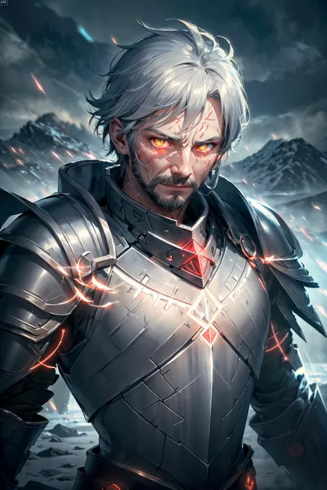 absurdres, highres, (official art, beautiful and aesthetic:1.2),
(1man, wrinkled face, old irish male:1.2), amber eyes, gray hair, long mustache,
portrait, solo, half shot, detailed background, detailed face, (<lora:style_GlowingRunesAIV6:0.8>, GlowingRunesAIV2_red, glowing runes theme:1.1), white winter warrior, (glowing eyes:1.05), stern expression, guardian, dynamic pose, (crystalline ice armor:1.05), surrounded by magical glow, ice crystals, windy background, mountain in background cinematic atmosphere,