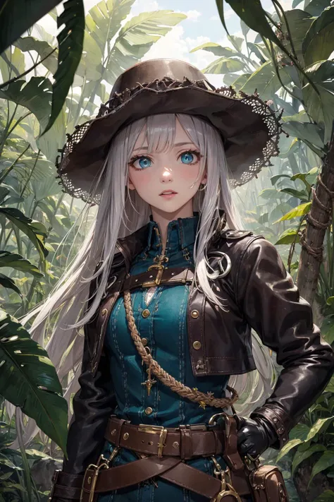 absurdres, highres, (official art, beautiful and aesthetic:1.2), kaleidoscope,
1 girl, adult russian woman, teal eyes, white blowout hair,
portrait, solo, (full body:0.6), detailed background, detailed face, (renaissance theme:1.1), adventurer, sneaking, dynamic pose, tattered frayed leather clothes, coat, wide brim hat, rope, holster, belt, gloves, (leather pouches:0.4), compass, tropical jungle background, vines, long forgotten relics, dark cinematic atmosphere, occult, shadows,
