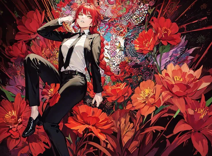 makima \(chainsaw man\), (masterpiece, top quality, best quality, official art, beautiful and aesthetic:1.2), extreme detailed, colorful, contrast color, ringed_eyes, white shirt, black pants, business suit, small breast, wide hip, single braided hair, necktie, red hair, golden eyes, absurdres, highres, ultra detailed, (1girl, solo), 1girl, (pop art:1.2), zentangle, (red flower effects, light effects:1.2), (Arts Dcoratifs:1.4), <lora:makima_offset:0.8>