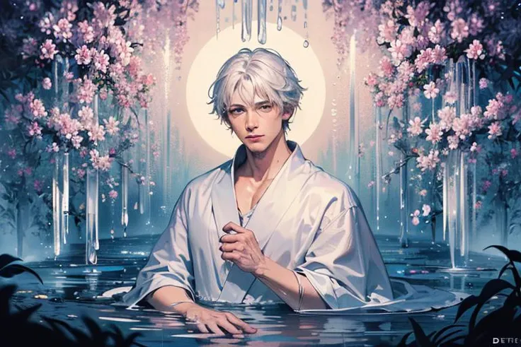absurdres, highres, ultra detailed, (1boy, solo),
(pop art:1.2), zentangle, (flower effects, water effects, light effects:1.2), (Arts Dcoratifs:1.4),upper body,
silver hair, mature male, white robe,