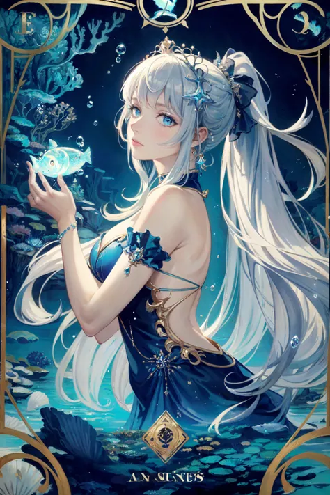 masterpiece, best quality, Alphonse Mucha, art nouveau, (tarot card style:1.3), tarot framework with deep-sea motifs, (dark shot:1.2), blue theme, dark and glowing, 1girl, grey brond hair, absurdly long hair, ponytail, upper body, from side, looking at viewer, underwater flowers, In the enigmatic depths of the ocean, a luminescent princess adorned with seashell and scale-inspired attire, among bioluminescent creatures, ancient underwater ruins, and vibrant coral reefs, where darkness and light coalesce to reveal the secrets of the deep, Deep-sea creatures such as jellyfish, anglerfish, coelacanths, manta rays, an underwater princess character with fish scale and seashell-inspired dresses and accessories, colorful coral reefs and seagrass, gems and seashells, bioluminescent and fluorescent phenomena, bubble motifs, underwater architecture like ancient ruins or underwater castles, water currents and ripples, contrast between deep-sea darkness and emitted light, cinematic lighting, dynamic lighting, intricate details, hyper realistic lifelike 3d, <lora:hipoly3DModelLora_v20:0.4>