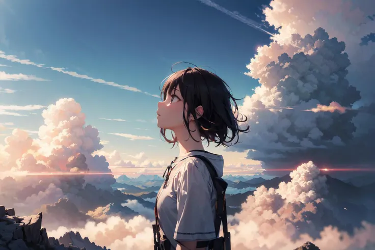 absurdres, highres, (official art, beautiful and aesthetic:1.2), close view,
shining sky, vast world, girl, gazing, awe-inspiring expression, distant horizon, clouds, high hill, natural beauty, inspiration, light effects,