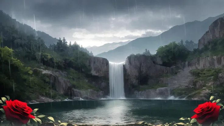 horizon, roses, waterfall, dark clouds and rainy weather