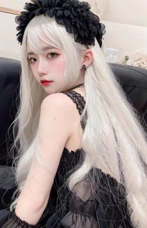 <lora:2UXT2OJ:1>, 1girl, solo, long hair, looking at viewer, hair ornament, mole under eye, white hair, bare shoulders, hairband, mole, lips, heart, grey eyes, black dress