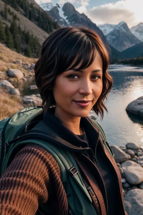 ((selfie)) photo of extremely sexy (cathb3ll-140:0.99), smiling, outdoors, mountains, wearing a backpack, sweater, hiking jacket, rocks, river, wood, analog style (look at viewer:1.2) (skin texture), close up, cinematic light, sidelighting, Fujiflim XT3, DSLR, 50mm, (long windblown hair)