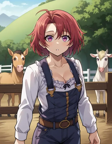 score_9, score_8_up, score_7_up, source_anime,
cowgirl, <lora:cow-girl-ponyxl-lora-nochekaiser:1>,
cow girl, ahoge, red hair, purple eyes, short hair,
cleavage, collarbone, frills, long sleeves, overalls, suspenders,
outdoors, farm, cows, chickens, goats, horse,
looking at viewer, cowboy shot, dynamic pose,