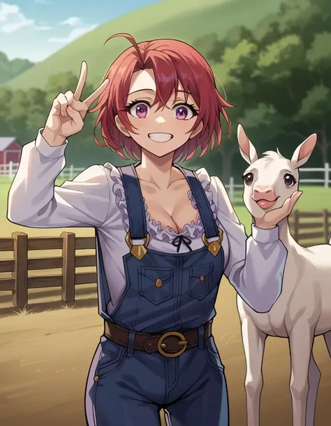 score_9, score_8_up, score_7_up, source_anime,
cowgirl, <lora:cow-girl-ponyxl-lora-nochekaiser:1>,
cow girl, ahoge, red hair, purple eyes, short hair, smile,
cleavage, collarbone, frills, long sleeves, overalls, suspenders,
outdoors, farm, cows, chickens, goats, horse, peace sign,
looking at viewer, cowboy shot, dynamic pose,