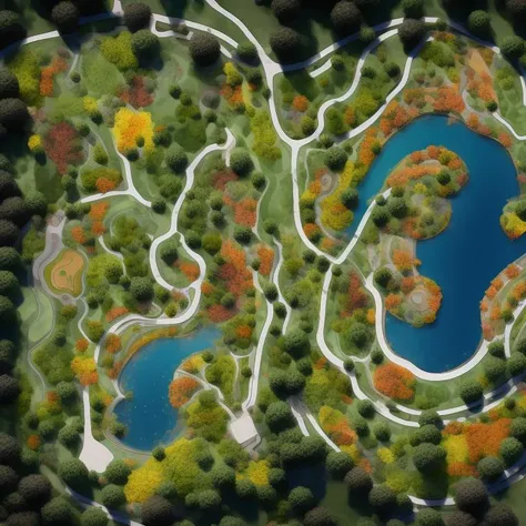 Landscape design, floor plan, floor plan of a park, many trees, many shrubs, winding paths, high-definition, high details, bright colors