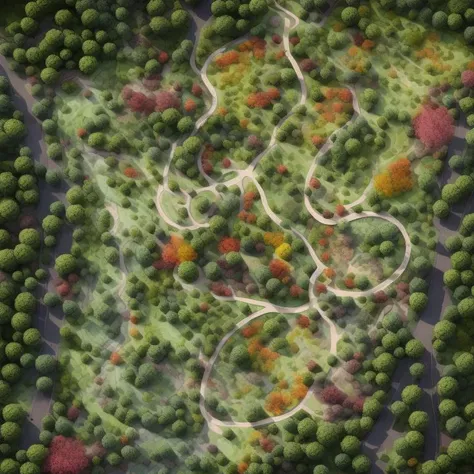 Landscape design, floor plan, floor plan of a park, many trees, many shrubs, winding paths, high-definition, high details, squares, large green spaces, ponds, bright colors