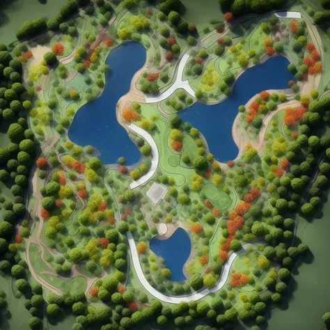 Landscape design, floor plan, floor plan of a park, many trees, many shrubs, winding paths, high-definition, high details, squares, large green spaces, ponds, bright colors