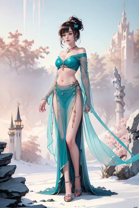 Fantasy image of Adah Sharma as a beautiful fairy, with translucent feathers, large breasts, wearing a strapless bra and a transparent sarong, in a forest, upper body, front view