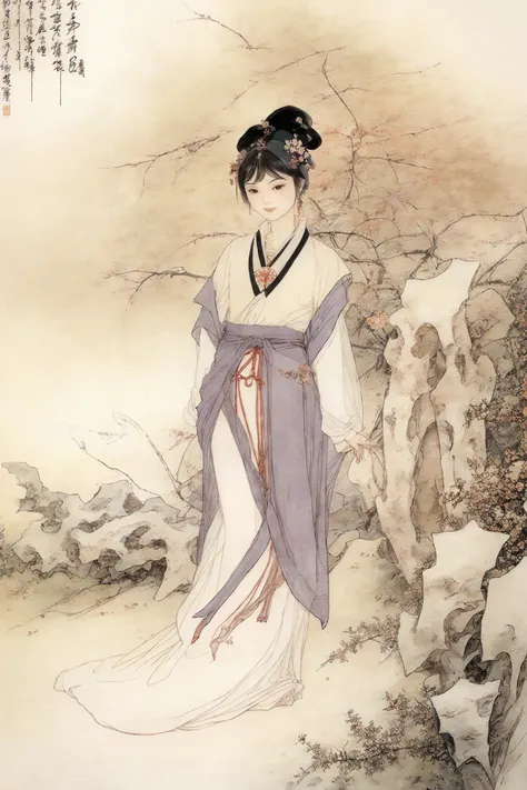 masterpiece, best quality,(full body:1.3), solo,chinese painting of a chinese girl beautiful face and eyes details,tang,
perfect skin,make happy expressions,gorgeous,pure,light make up,jade jewelry,hair ornament,hair band,looking at viewer,
colorful,clear sharp focus,instagram most viewed, concept artist, depth of field,flower,bush