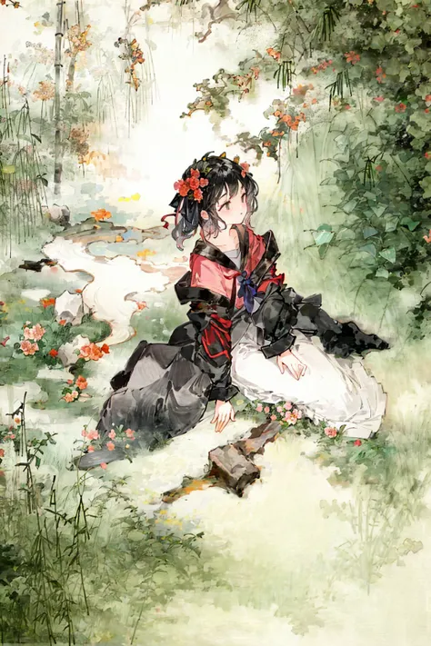 negative space, 1girl in serafuku, from above, (trees:0.5), (flowers:0.9) ,(birds:0.2), (bamboo0.1), garden,