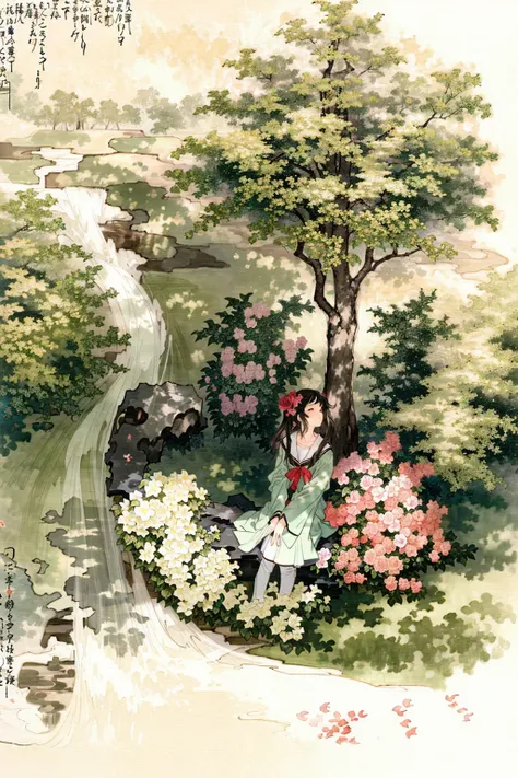 negative space, 1girl in serafuku, from above, (trees:0.5), (flowers:0.9) ,(birds:0.2), garden, bush