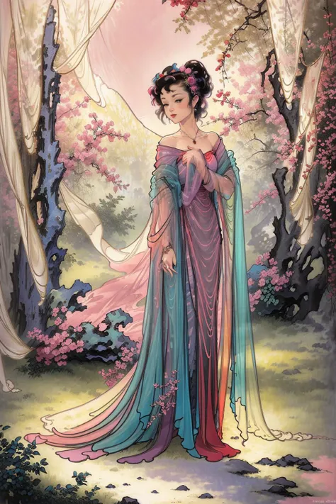 (fluorescent colors:1.4),(translucent:1.4),(retro filters:1.4),(fantasy:1.4),candy world Disney land ethereal soft fluffy soft landscape forest snowavatar Pastel pink sky green blue sparkle ethereal light pastel whimsical light rainbow stars diamonds sparkle gemstone background hyper realistic Ultra quality cinematic lighting immense detail Full hd painting Well lit,diagonal bangs,
fit and flare dress,arms behind back,
masterpiece,best quality,realskin,(portrait:1.5),1girl,blunt bangs,long hair,
(full body:1.4),