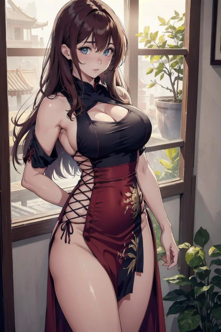 (masterpiece, best quality, hires, high resolution:1.2, 4k, 8k , high quality), extremely detailed, realistic, intricate details, highres, 1girl, solo, red long hair, blue eyes, blush, freckles, (large breasts, thick thighs, wide hips), arched back,(cinematic lighting, sunlight, perfect lighting, backlighting), eye-level shot, extreme close-up-shot, looking at viewer,
<lora:LaGaVerSidelessChinaDressV2f:0.8> china dress