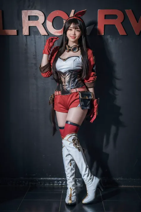 best quality, masterpiece, photorealistic, 1girl, solo, standing, arms at side, full body, looking at viewer, smile, closed mouth, bangs, hair between eyes, amber cosplay costume, amber, cosplay, cropped jacket, gloves, shorts, thighhighs, goggles around neck, boots, belt, high heel boots, thigh strap, thighhighs under boots, <lora:genshin_Amber_cosplay_v1:0.7>