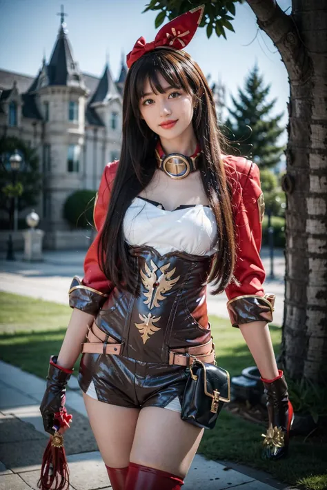 best quality, masterpiece, photorealistic, 1girl, solo, standing, cowboy shot, looking at viewer, smile, closed mouth, bangs, hair between eyes, amber cosplay costume, amber, cosplay, cropped jacket, gloves, shorts, thighhighs, goggles around neck, white boots, belt, high heel boots, thigh strap, thighhighs under boots, castle, outdoors, tree, <lora:genshin_Amber_cosplay_v1:0.7>