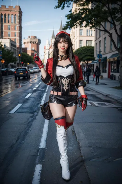 best quality, masterpiece, photorealistic, 1girl, solo, standing, full body, looking at viewer, smile, closed mouth, bangs, hair between eyes, amber cosplay costume, amber, cosplay, cropped jacket, gloves, shorts, thighhighs, goggles around neck, white boots, belt, high heel boots, thigh strap, thighhighs under boots, castle, outdoors, tree, <lora:genshin_Amber_cosplay_v1:0.7>