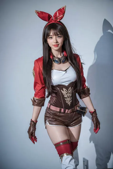 best quality, masterpiece, photorealistic, 1girl, solo, standing, arms at side, cowboy shot, looking at viewer, smile, closed mouth, bangs, hair between eyes, amber cosplay costume, amber, cosplay, cropped jacket, gloves, shorts, thighhighs, goggles around neck, white boots, belt, high heel boots, thigh strap, thighhighs under boots, <lora:genshin_Amber_cosplay_v1:0.7>