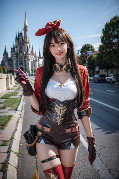 best quality, masterpiece, photorealistic, 1girl, solo, standing, cowboy shot, looking at viewer, smile, closed mouth, bangs, hair between eyes, amber cosplay costume, amber, cosplay, cropped jacket, gloves, shorts, thighhighs, goggles around neck, white boots, belt, high heel boots, thigh strap, thighhighs under boots, castle, outdoors, tree, <lora:genshin_Amber_cosplay_v1:0.7>