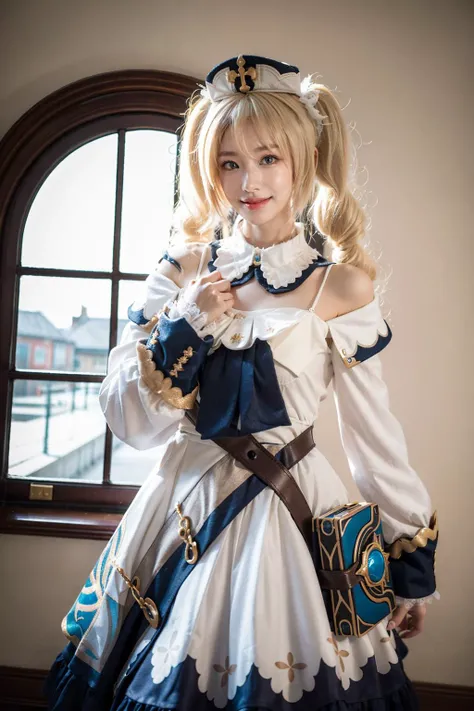 best quality, masterpiece, photorealistic, 1girl, solo, standing, cowboy shot, looking at viewer, smile, closed mouth, barbara cosplay costume, cosplay, blonde hair, hair between eyes, twintails, dress, long sleeves, hat, detached collar, waist bag, castle, <lora:genshin_Barbara_cosplay_v1:0.6>