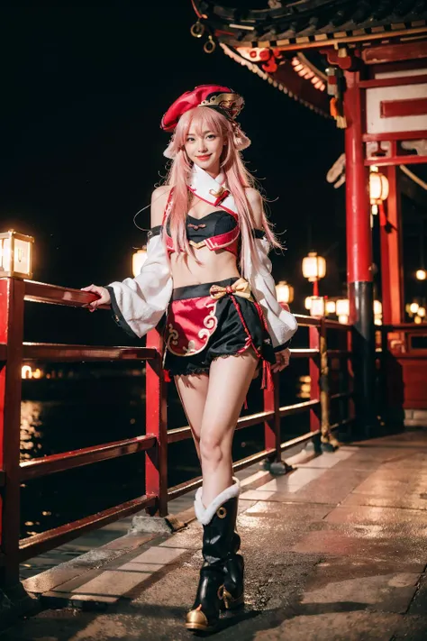 best quality, masterpiece, photorealistic, 1girl, solo, standing, full body, looking at viewer, smile, closed mouth, hair between eyes, yanfei cosplay costume, cosplay, pink hair, long hair, hat, detached sleeves, bare shoulders, crop top, shorts, high heel boots, boots, antlers, chinese garden, night, light, water, tree, flower, <lora:genshin_Yanfei_cosplay_v1:0.65>