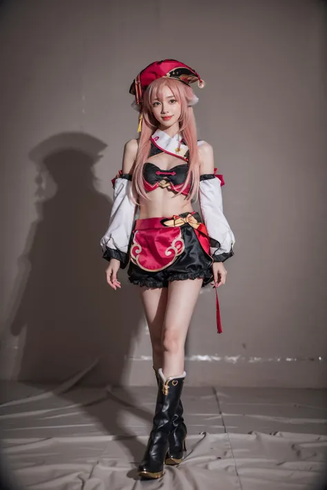 best quality, masterpiece, photorealistic, 1girl, solo, standing, arms at side, full body, looking at viewer, smile, closed mouth, hair between eyes, yanfei cosplay costume, cosplay, pink hair, long hair, hat, detached sleeves, bare shoulders, crop top, shorts, high heel boots, boots, antlers, simple background, <lora:genshin_Yanfei_cosplay_v1:0.65>