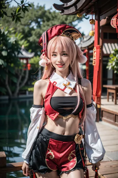 best quality, masterpiece, photorealistic, 1girl, solo, standing, arms at side, cowboy shot, looking at viewer, smile, closed mouth, hair between eyes, yanfei cosplay costume, cosplay, pink hair, long hair, hat, detached sleeves, bare shoulders, crop top, shorts, antlers, chinese garden, night, light, water, tree, flower, <lora:genshin_Yanfei_cosplay_v1:0.65>