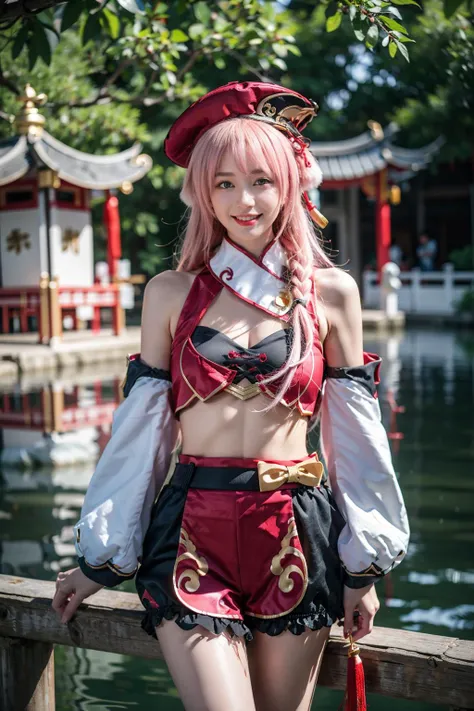 best quality, masterpiece, photorealistic, 1girl, solo, standing, arms at side, cowboy shot, looking at viewer, smile, closed mouth, hair between eyes, yanfei cosplay costume, cosplay, pink hair, long hair, hat, detached sleeves, bare shoulders, crop top, shorts, antlers, chinese garden, night, light, water, tree, flower, <lora:genshin_Yanfei_cosplay_v1:0.65>