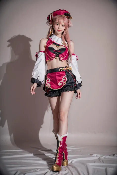 best quality, masterpiece, photorealistic, 1girl, solo, standing, arms at side, full body, looking at viewer, smile, closed mouth, hair between eyes, yanfei cosplay costume, cosplay, pink hair, long hair, hat, detached sleeves, bare shoulders, crop top, shorts, high heel boots, boots, antlers, simple background, <lora:genshin_Yanfei_cosplay_v1:0.65>