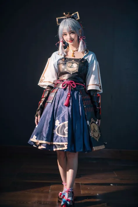 best quality, masterpiece, photorealistic, 1girl, solo, standing, full body, looking at viewer, smile, closed mouth, bangs, kamisato cosplay costume, cosplay, light blue hair, long hair, ponytail, hair ornament, ribbon, hair ribbon, japanese clothes, armored dress, japanese armor, arm guards, fingerless gloves, tabi, tress ribbon, sandals, tassel, simple background, <lora:genshin_Kamisato_cosplay_v1:0.7>