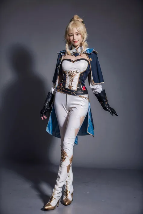 best quality, masterpiece, photorealistic, 1girl, solo, standing, full body, looking at viewer, arms at side, smile, closed mouth, jean cosplay costume, cosplay, ponytail, blonde hair, bangs, capelet, corset, sleeves, gloves, belt, pants, tight pants, boots, high heel boots, simple background, <lora:genshin_Jean_cosplay_v1:0.7>