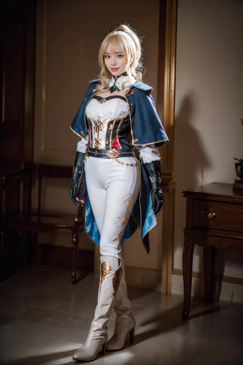 best quality, masterpiece, photorealistic, 1girl, solo, standing, full body, looking at viewer, arms at side, smile, closed mouth, jean cosplay costume, cosplay, ponytail, blonde hair, bangs, capelet, corset, sleeves, gloves, belt, pants, tight pants, boots, high heel boots, castle, <lora:genshin_Jean_cosplay_v1:0.7>