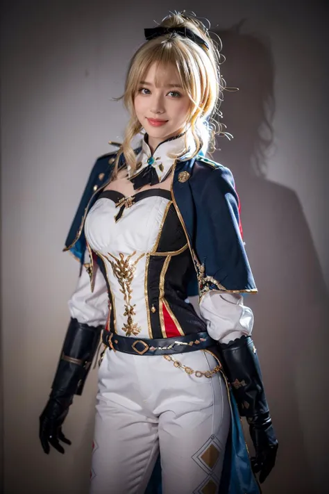 best quality, masterpiece, photorealistic, 1girl, solo, standing, cowboy shot, looking at viewer, arms at side, smile, closed mouth, jean cosplay costume, cosplay, ponytail, blonde hair, bangs, capelet, corset, sleeves, gloves, belt, pants, tight pants, simple background, <lora:genshin_Jean_cosplay_v1:0.7>