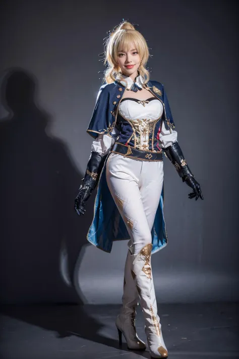 best quality, masterpiece, photorealistic, 1girl, solo, standing, full body, looking at viewer, arms at side, smile, closed mouth, jean cosplay costume, cosplay, ponytail, blonde hair, bangs, capelet, corset, sleeves, gloves, belt, pants, tight pants, boots, high heel boots, simple background, <lora:genshin_Jean_cosplay_v1:0.7>