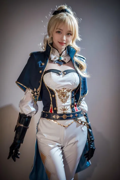 best quality, masterpiece, photorealistic, 1girl, solo, standing, cowboy shot, looking at viewer, arms at side, smile, closed mouth, jean cosplay costume, cosplay, ponytail, blonde hair, bangs, capelet, corset, sleeves, gloves, belt, pants, tight pants, simple background, <lora:genshin_Jean_cosplay_v1:0.7>