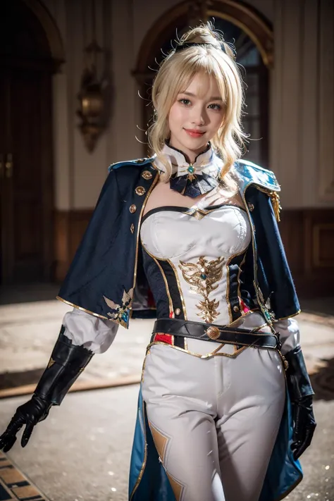 best quality, masterpiece, photorealistic, 1girl, solo, standing, cowboy shot, looking at viewer, arms at side, smile, closed mouth, jean cosplay costume, cosplay, ponytail, blonde hair, bangs, capelet, corset, sleeves, gloves, belt, pants, tight pants, castle, <lora:genshin_Jean_cosplay_v1:0.7>
