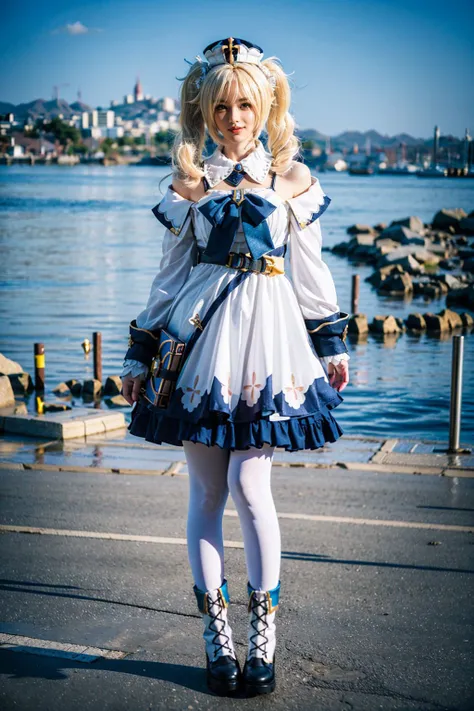 best quality, masterpiece, photorealistic, 1girl, solo, standing, arms at side, full body, looking at viewer, smile, closed mouth, barbara cosplay costume, cosplay, blonde hair, hair between eyes, twintails, dress, long sleeves, hat, detached collar, book, waist bag, white pantyhose, boots, simple background, <lora:genshin_Barbara_cosplay_v1:0.7>, <lora:add_detail:0.33>, <lora:epi_noiseoffset2:0.5>, <lora:FilmVelvia3:0.25>,