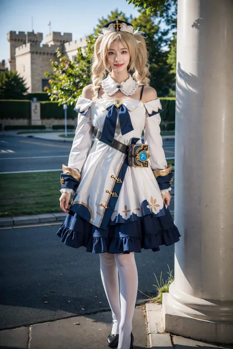 best quality, masterpiece, photorealistic, 1girl, solo, standing, full body, looking at viewer, smile, closed mouth, barbara cosplay costume, cosplay, blonde hair, hair between eyes, twintails, dress, long sleeves, hat, detached collar, waist bag, pantyhose, castle, <lora:genshin_Barbara_cosplay_v1:0.6>