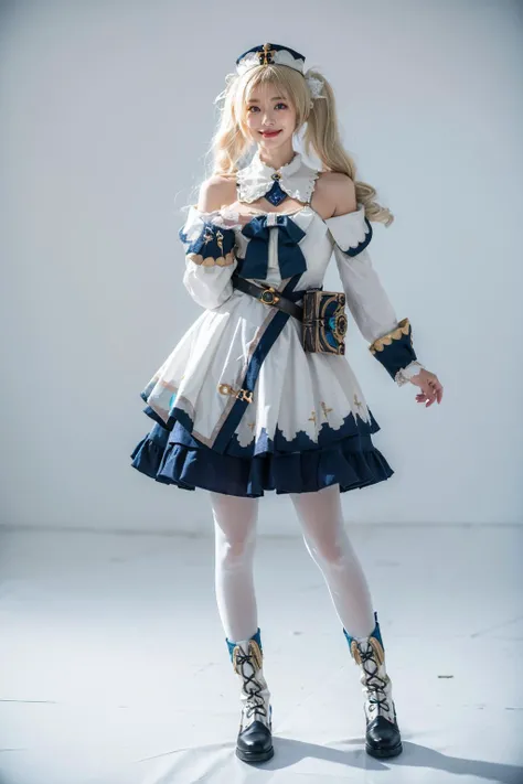 best quality, masterpiece, photorealistic, 1girl, solo, standing, full body, looking at viewer, smile, closed mouth, barbara cosplay costume, cosplay, blonde hair, hair between eyes, twintails, dress, long sleeves, hat, detached collar, waist bag, white pantyhose, boots, simple background, <lora:genshin_Barbara_cosplay_v1:0.6>