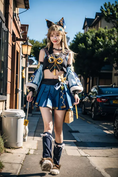 best quality, masterpiece, photorealistic, 1girl, solo, standing, full body, (looking at viewer:1.2), closed mouth, kirara cosplay costume, kirara, cosplay, blonde hair, long hair, hair ornament, sailor collar, crop top, detached sleeves, skirt, cat ears, cat tail, animal ears, leg warmers, fur-trimmed shoes, <lora:genshin_Kirara_cosplay_v1:0.7>