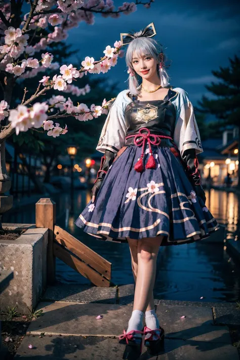 best quality, masterpiece, photorealistic, 1girl, solo, standing, full body, looking at viewer, smile, closed mouth, bangs, kamisato cosplay costume, cosplay, light blue hair, long hair, ponytail, hair ornament, ribbon, hair ribbon, japanese clothes, armored dress, japanese armor, arm guards, fingerless gloves, tress ribbon, tassel, cherry blossoms japanese garden, cherry blossoms, tree, night, light, <lora:genshin_Kamisato_cosplay_v1:0.7>