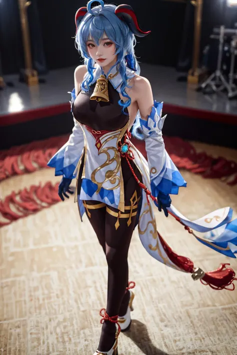 highres,absurdres,masterpiece,best quality,original,extremely detailed CG,extremely detailed wallpaper,perfect lighting,(standing on the stage),looking at viewer,1girl,blurry background,bare hands,from above,
<lora:genshin_Ganyu_cosplay_v1:0.7>,ganyu cosplay costume,cosplay,blue hair,long hair,horns,bangs,ahoge,sidelocks,tight,black bodysuit,body stocking,detached sleeves,gloves,neck bell,chinese knot,tassel,white high heels,<lora:GoodHands-beta2:1>,