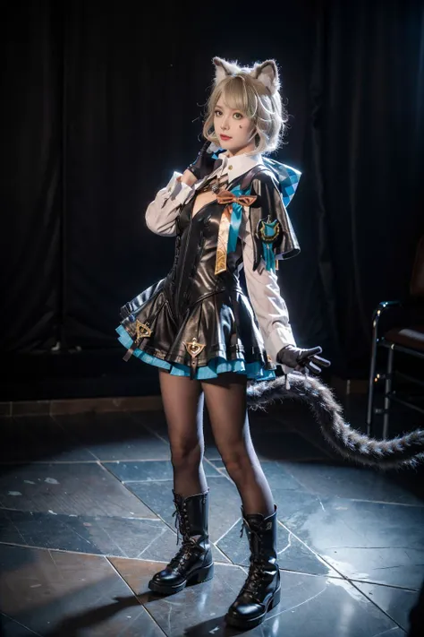 best quality, masterpiece, photorealistic, 1girl, solo, standing, full body, (looking at viewer:1.2), closed mouth, lynette cosplay, dress, cosplay, animal ears, blonde hair, short hair, collar, long sleeves, pantyhose, blonde hair, black pantyhose, gloves, lace-up boots, tail, cleavage, simple background, <lora:genshin_Lynette_cosplay_v1:0.65>