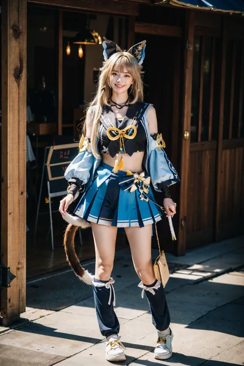 best quality, masterpiece, photorealistic, 1girl, solo, standing, full body, (looking at viewer:1.2), closed mouth, smile, kirara cosplay costume, kirara, cosplay, blonde hair, long hair, hair ornament, sailor collar, crop top, detached sleeves, skirt, cat ears, cat tail, animal ears, leg warmers, fur-trimmed shoes, <lora:genshin_Kirara_cosplay_v1:0.7>