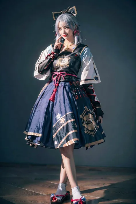 best quality, masterpiece, photorealistic, 1girl, solo, standing, full body, looking at viewer, smile, closed mouth, hair between eyes, kamisato cosplay costume, cosplay, light blue hair, long hair, ponytail, hair ornament, ribbon, hair ribbon, japanese clothes, armored dress, japanese armor, arm guards, fingerless gloves, tabi, tress ribbon, sandals, tassel, simple background, <lora:genshin_Kamisato_cosplay_v1:0.7>